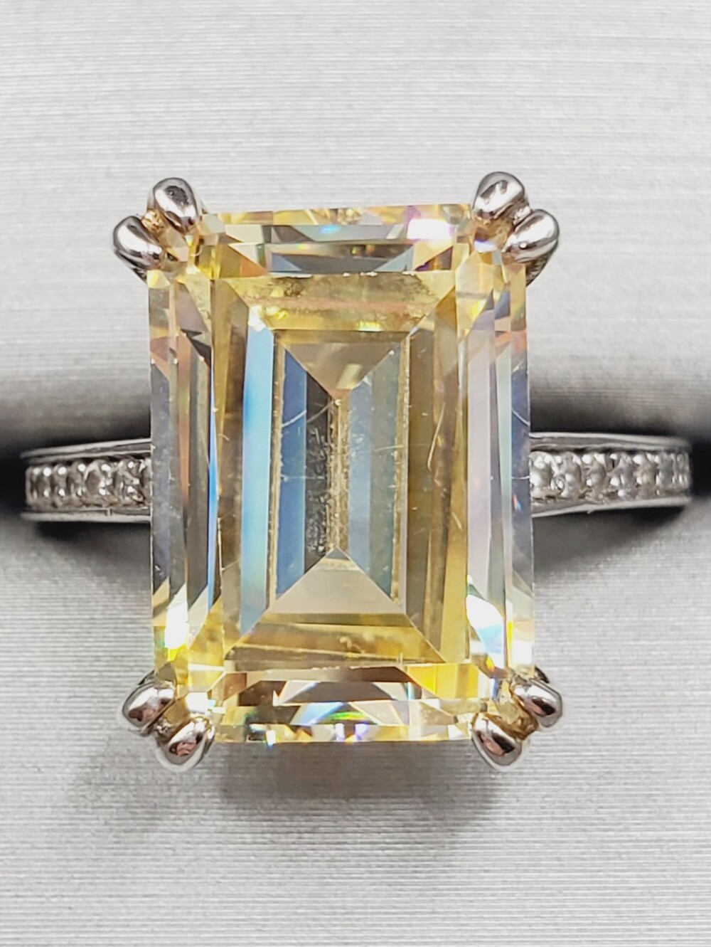 Emerald Cut Yellow & White Diamond Simulant Solitaire Ring - 925 Sterling Silver